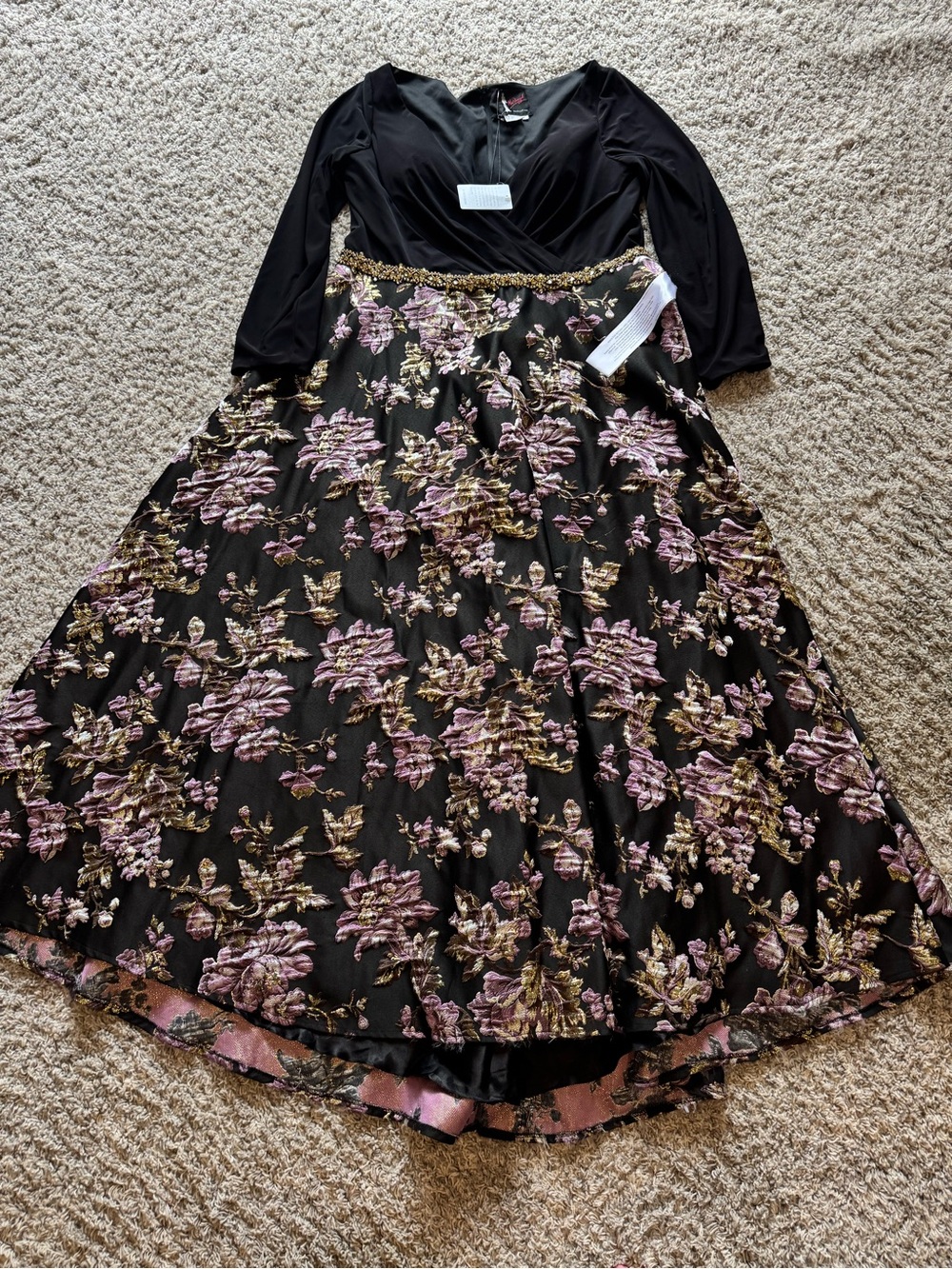 Mac Duggal Black Dress with Pink and Gold Floral Embroidery